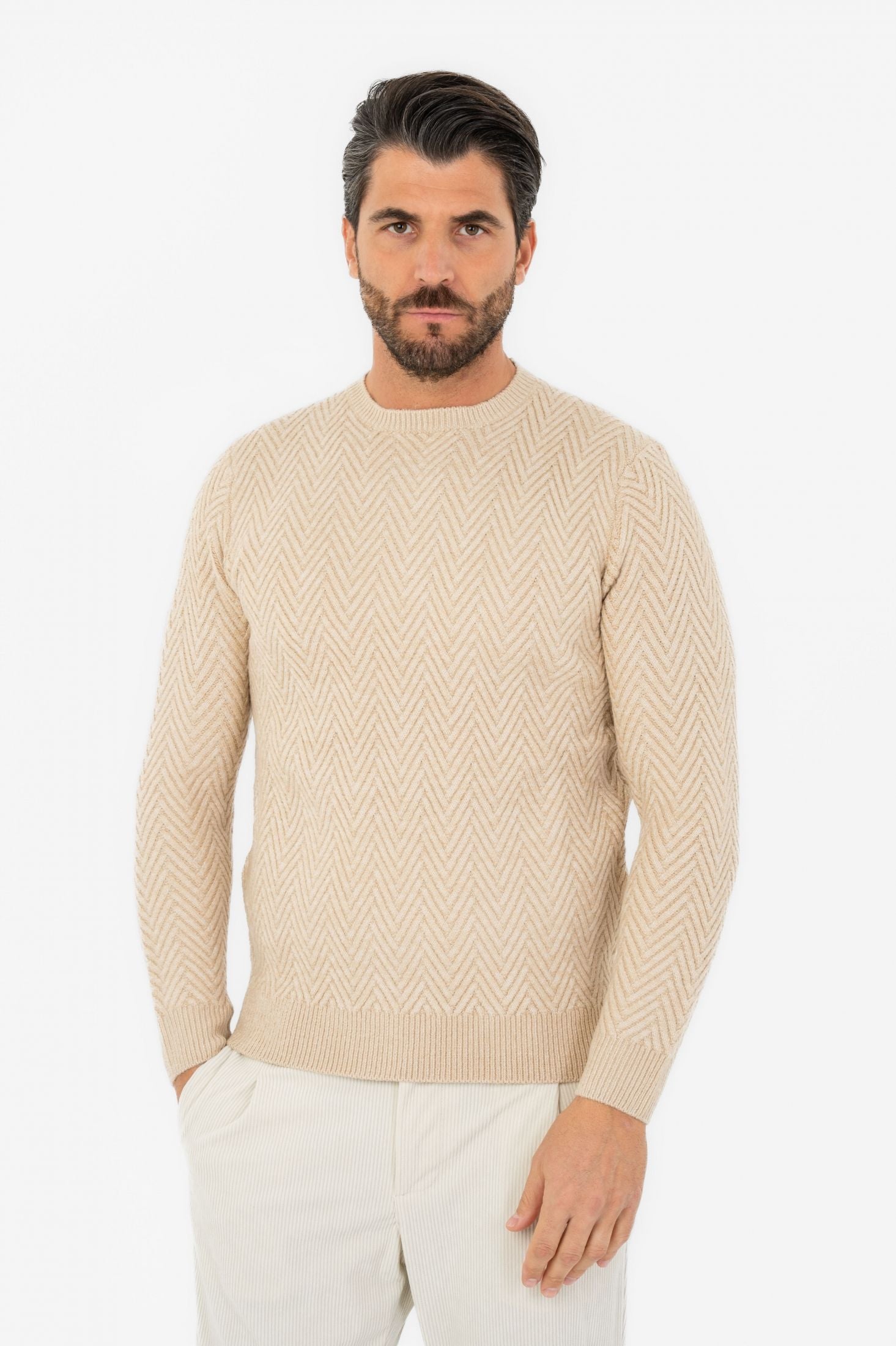 Maglione girocollo con trama a spiga di pesce