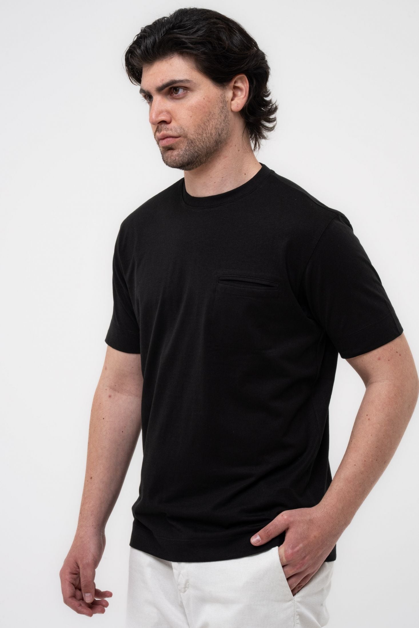 T- Shirt in cotone fiammato con taschino a filetto