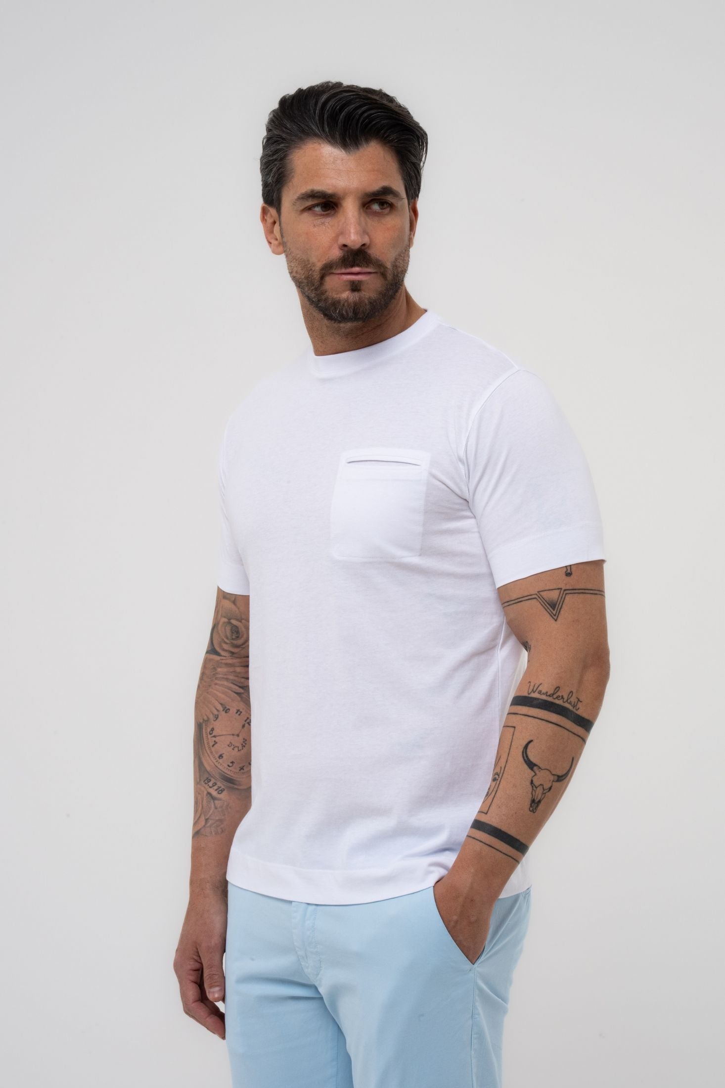 T- Shirt in cotone fiammato con taschino a filetto
