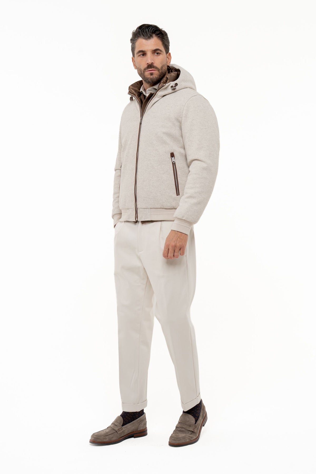 Bomber con cappuccio in panno